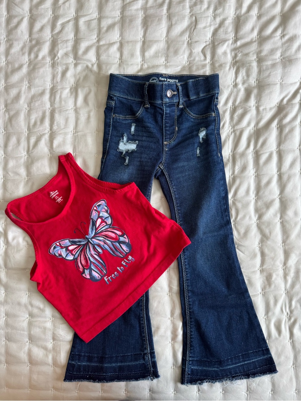 Wonder Nation Flare Jeggings & Butterfly Tank Outfit Set Girls XS 4/5 VGUC